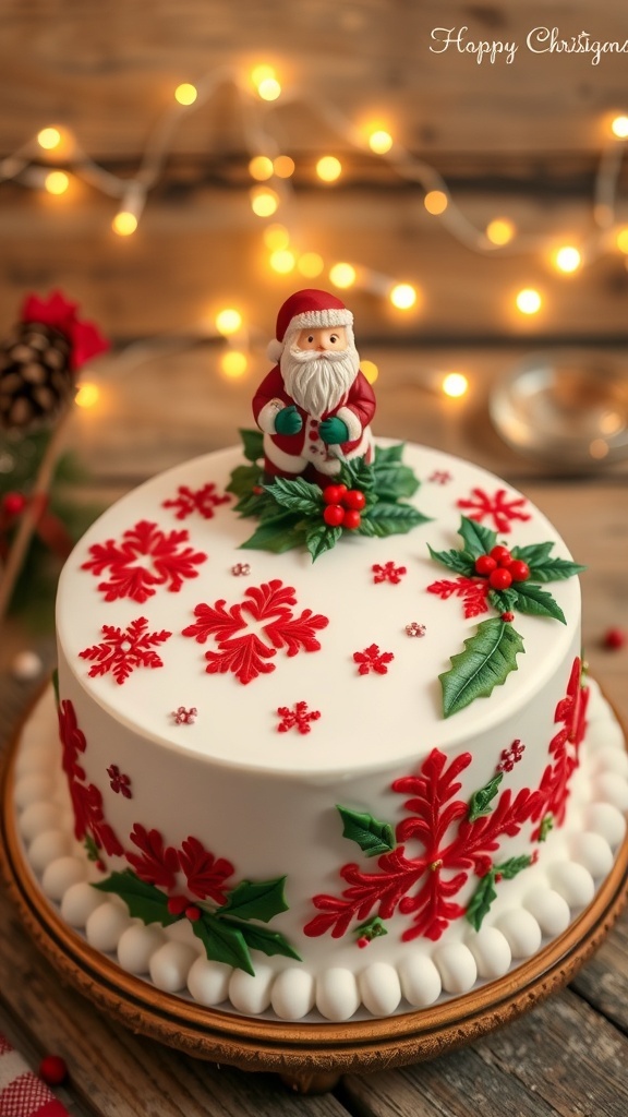 A festive fondant Christmas cake decorated with snowflakes, holly, and a Santa figurine on a wooden table with holiday lights.